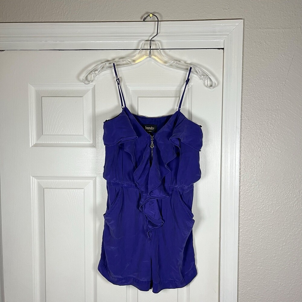 Laundry By Shelli Segal Womens 100% Silk Romper Purple Ruffle Zip Front Size 0